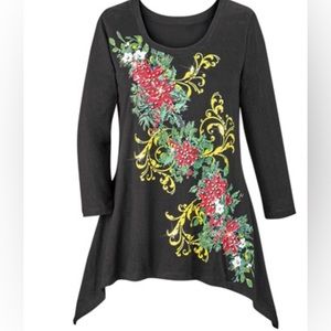 New! Collections etc. Sparkling Cascading Sequin Poinsettia Black Tunic medium